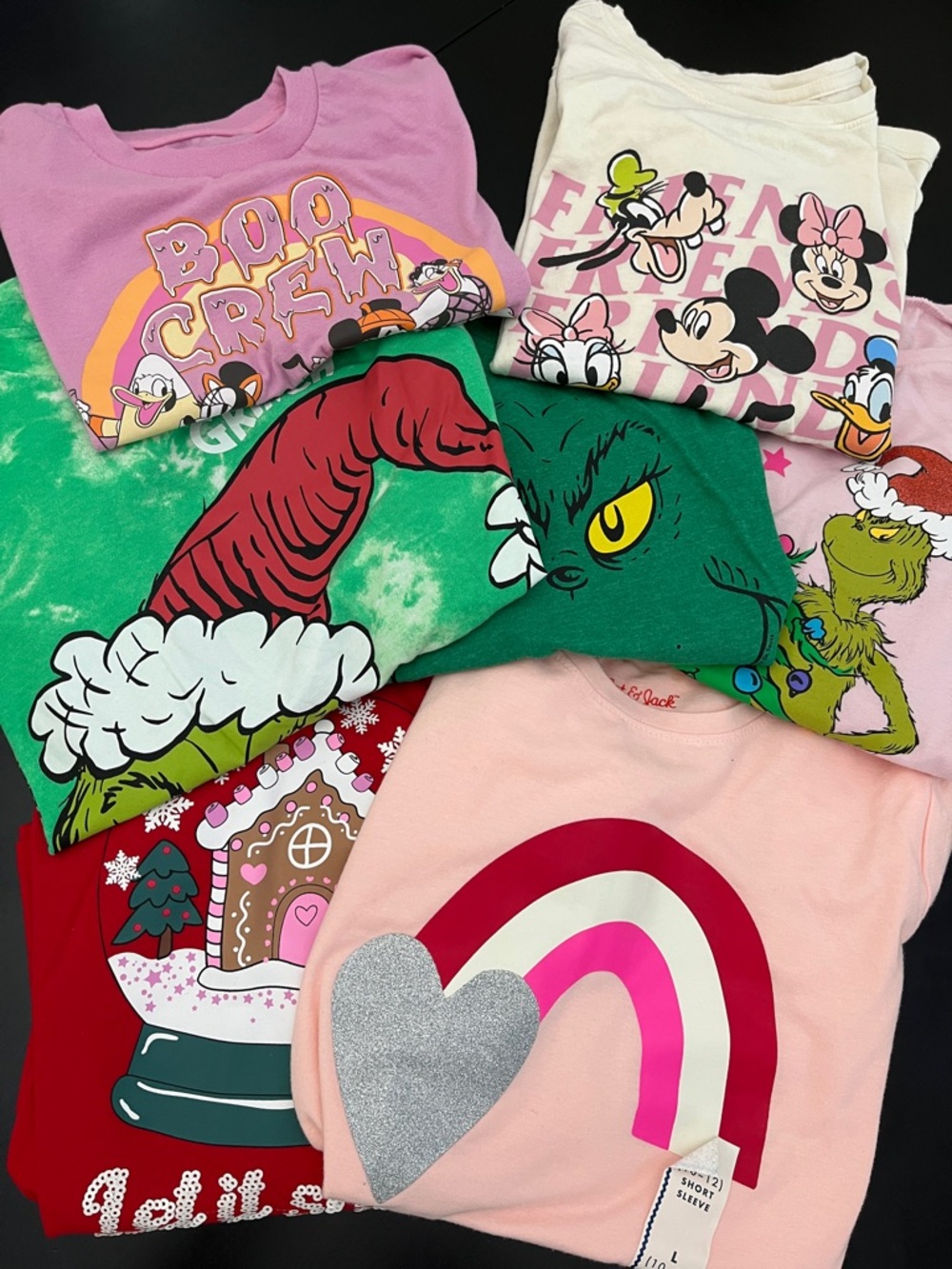 7pc Bundle of Kids Graphic Holiday & Character Tees - Pink, Green, Red, Cream
